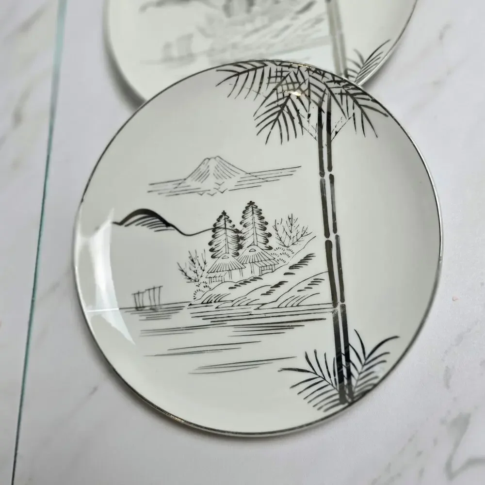 Vintage Meiyo China Nippon 1940s Silver Lithopane set of 4 plates 7 inch